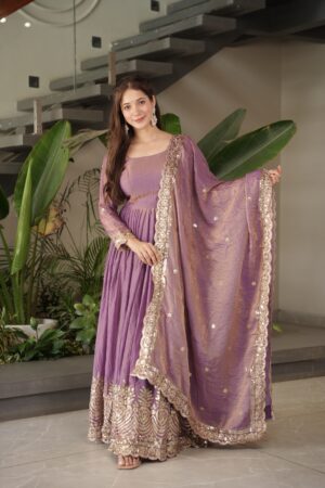 Regal Glow Heavy Fandy Silk Gown with Embroidered Dupatta
