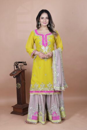 “Designer Faux Georgette Sharara Set with 5mm Sequin Embroidery & Dupatta”
