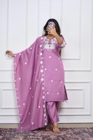 Premium Ice Wine Roman Silk Suit with Embroidery & Sequin Work Dupatta””