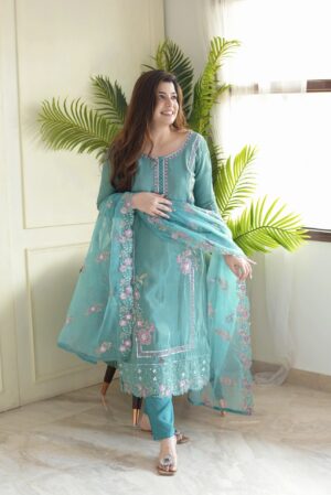 Premium Chinon Silk Top, Pant, and Organza Embroidered Dupatta Set