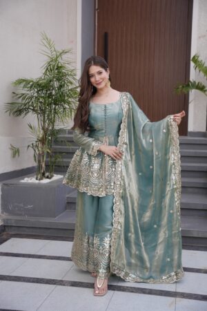 Heavy Embroidered Fendy Satin Silk Gown with Matching Sharara