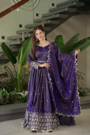 Full-Stitched Shimmer Silk Gown with Matching Handwork Lace Dupatta