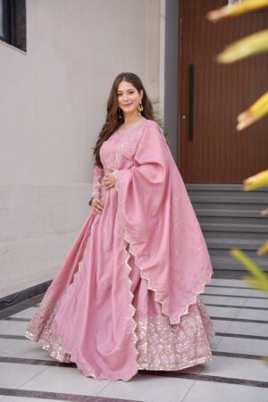 Full-Stitched Shimmer Silk Gown with Matching Handwork Lace Dupatta
