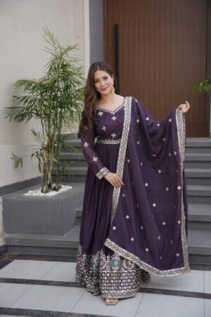 Embroidered Diamond Silk Gown with Sequins and Micro Cotton Inner