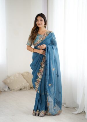 Premium Crunchy Silk Sari with Heavy Embroidered Blouse