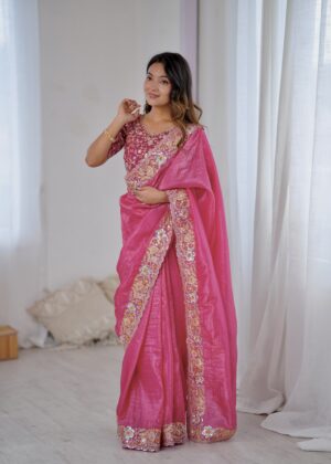 Premium Gold Crush Sari with Heavy Embroidered Blouse