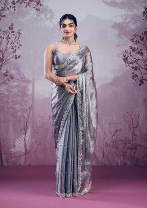 Premium Berberry Embroidered Sari with Real Mirror Work