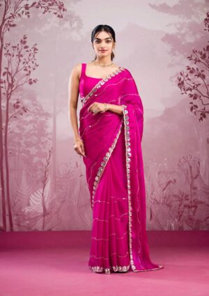 Premium Berberry Embroidered Sari with Real Mirror Work