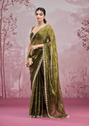 Premium Berberry Embroidered Sari with Real Mirror Work