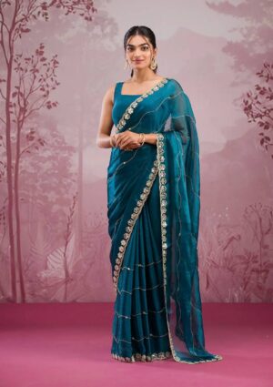 Premium Berberry Embroidered Sari with Real Mirror Work