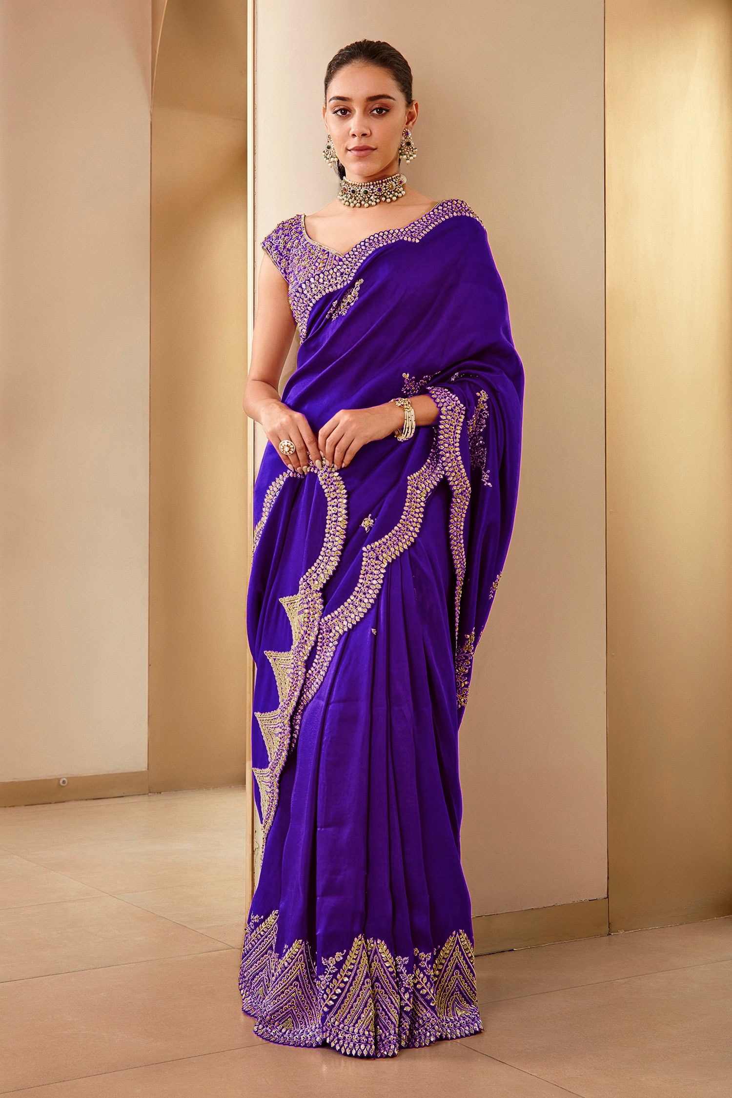 Pure Two-Tone Vichitra Silk Saree with Embroidery & Sequins Work