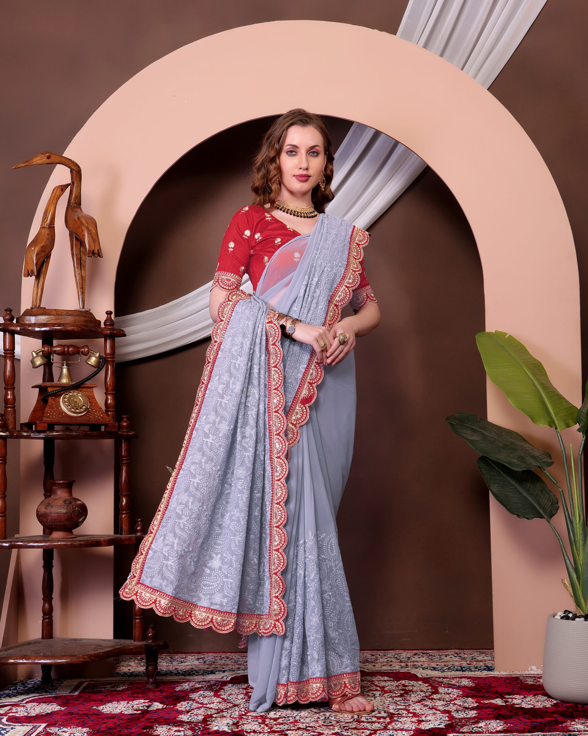 Heavy Georgette Chikankari Saree with Sequins & Embroidery Blouse