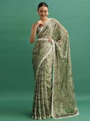 Premium Chinon Silk Saree with Digital Prints & Sequins Embroidery