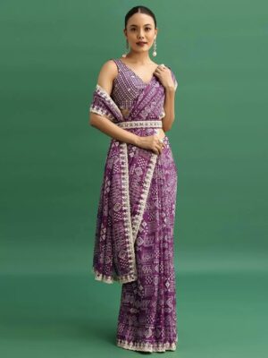 Premium Chinon Silk Saree with Digital Prints & Sequins Embroidery
