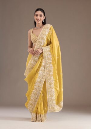 Premium Gold Crush Saree with Heavy Embroidery & Sequins Work