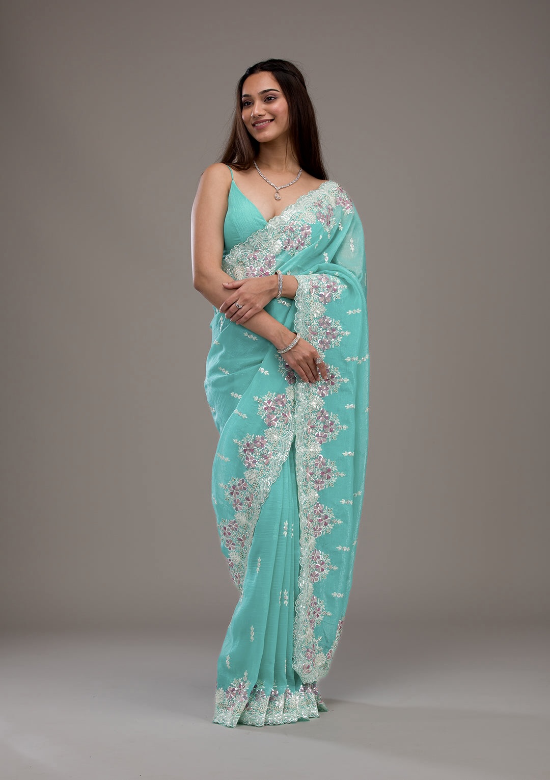 Premium Crunchy Embroidered Saree with Sequins & Cutwork Border