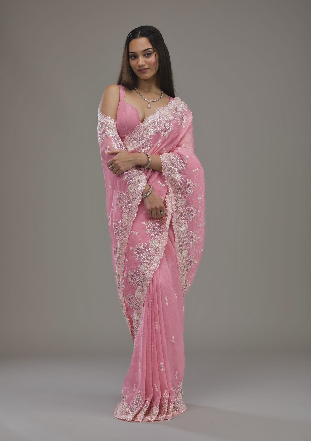 Premium Crunchy Embroidered Saree with Sequins & Cutwork Border